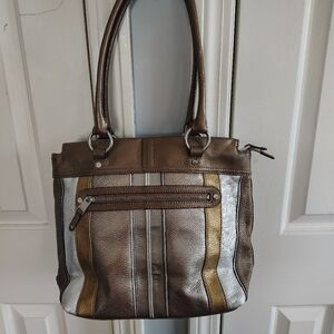 Tignanello Super Stripes Pebble Leather Metallic Shoulder Bag Tote